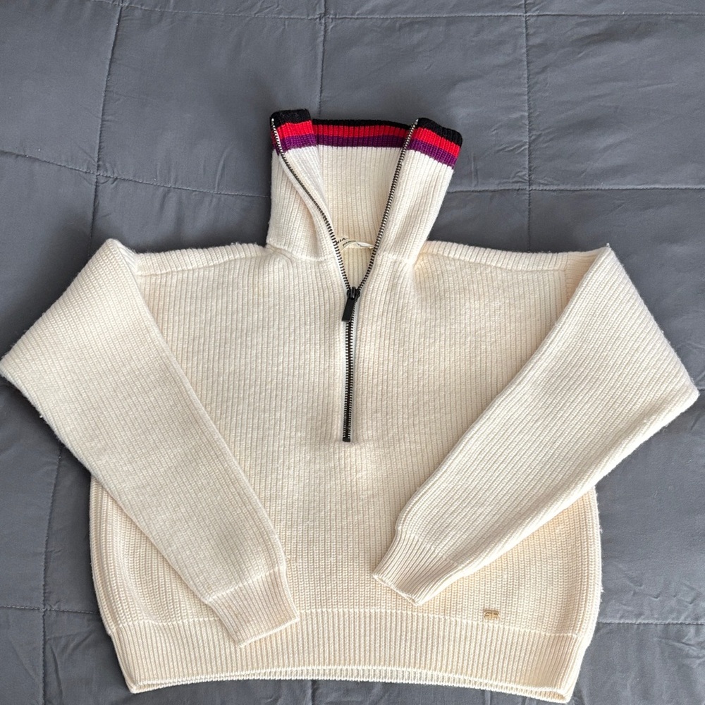 Sonia Rykiel Cream Ribbed Half-Zip Sweater with Red and Purple Stripe
